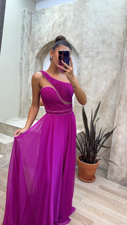Fucsia One Shoulder Chest Burlesque Tessuto Abito da sera