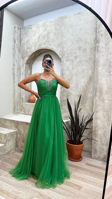 Green Rope Strap Embroidered Bust Evening Dress