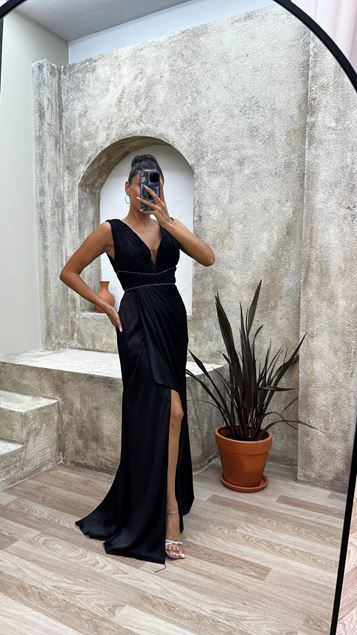 Black V Neck Satin Evening Dress