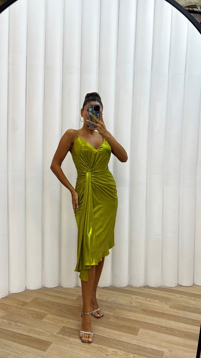 Sarı İp Askılı Sırt Detaylı Abiye Elbise