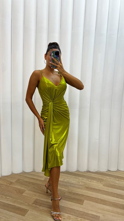 Sarı İp Askılı Sırt Detaylı Abiye Elbise