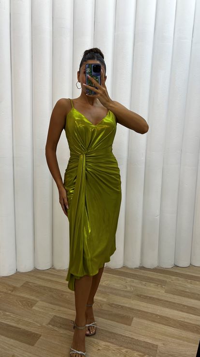 Sarı İp Askılı Sırt Detaylı Abiye Elbise