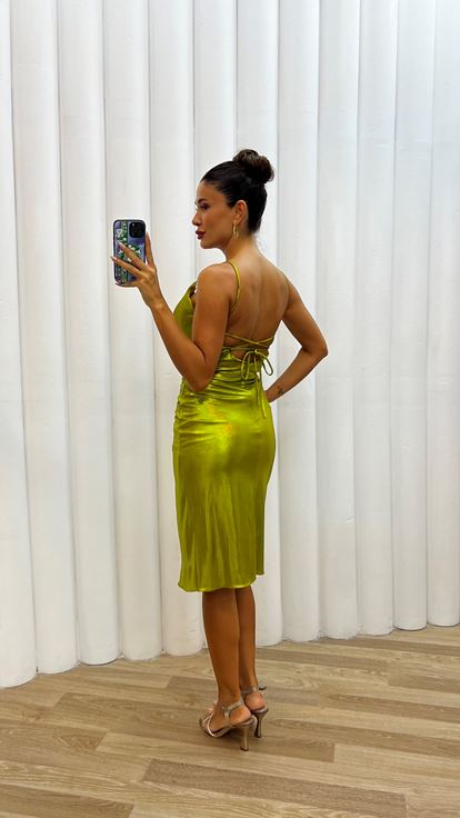 Sarı İp Askılı Sırt Detaylı Abiye Elbise