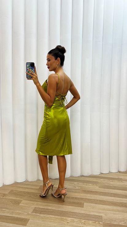 Sarı İp Askılı Sırt Detaylı Abiye Elbise