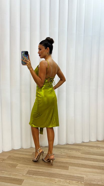 Sarı İp Askılı Sırt Detaylı Abiye Elbise