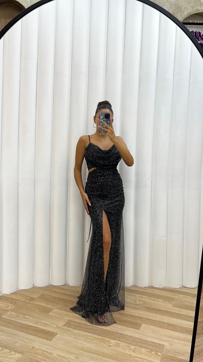 Siyah İp Askılı Bel Detay Simli Abiye Elbise