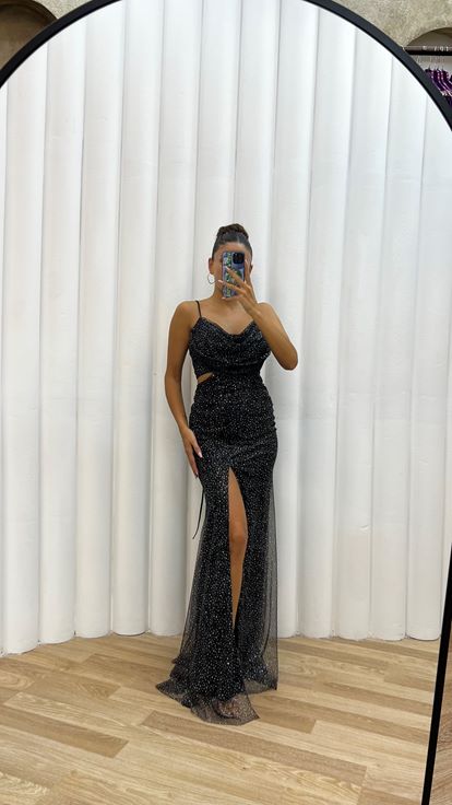 Siyah İp Askılı Bel Detay Simli Abiye Elbise