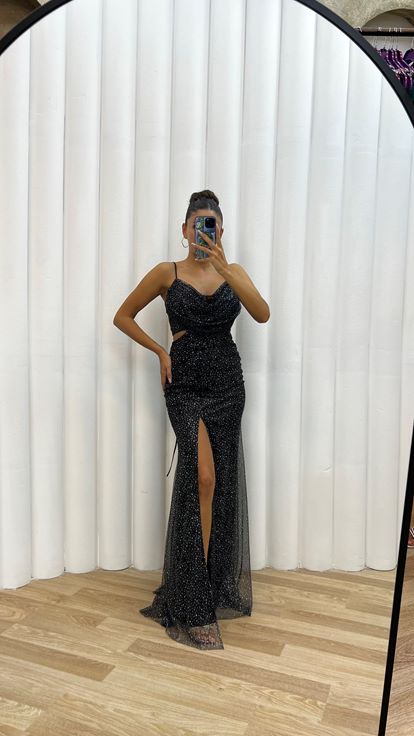 Siyah İp Askılı Bel Detay Simli Abiye Elbise