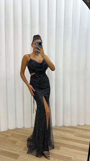 Black Rope Strap Back and Waist Detail Embroidered Evening Dress