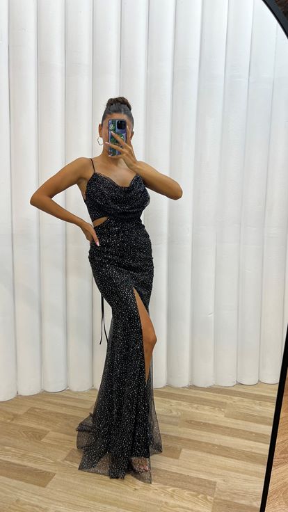 Siyah İp Askılı Bel Detay Simli Abiye Elbise