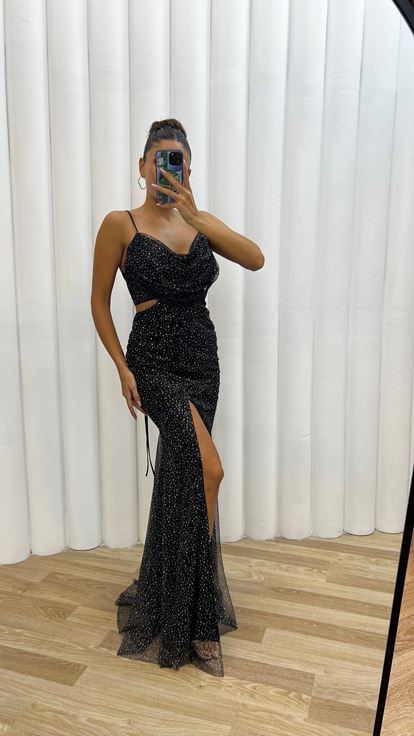 Siyah İp Askılı Bel Detay Simli Abiye Elbise