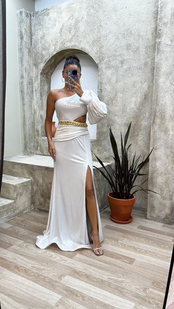 White One Shoulder Waist Chain Evening Dress