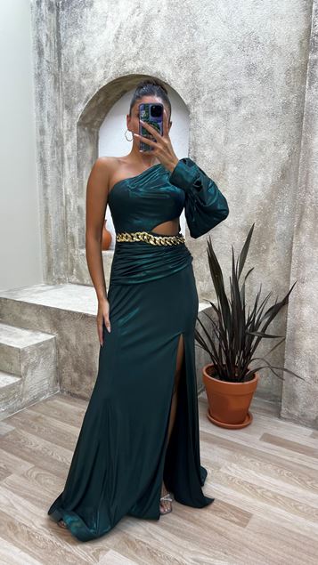 Smeraldo Una spalla vita catena abito da sera