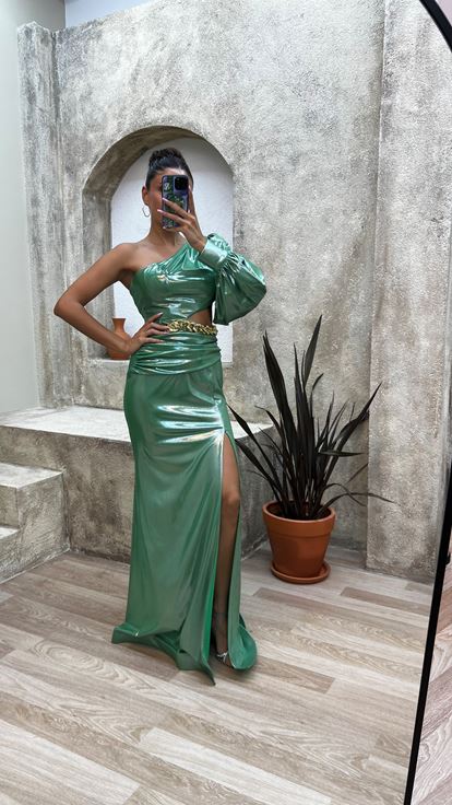 Yeşil Tek Omuz Bel Zincirli Abiye Elbise
