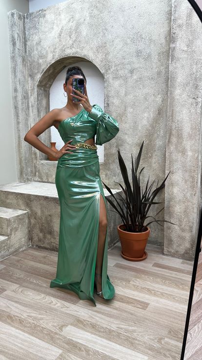 Yeşil Tek Omuz Bel Zincirli Abiye Elbise