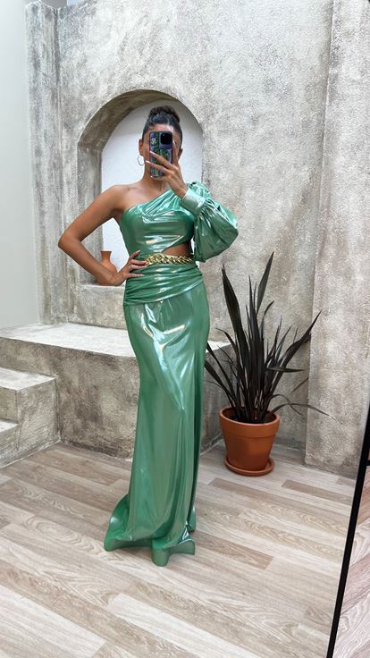 Yeşil Tek Omuz Bel Zincirli Abiye Elbise