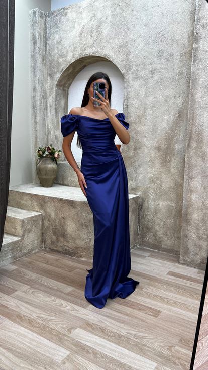 Lacivert Straplez Sırt Ve Omuz Detay Drapeli Abiye Elbise
