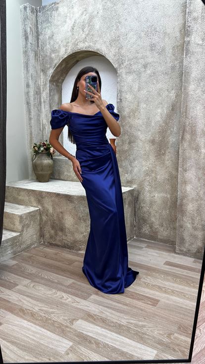 Lacivert Straplez Sırt Ve Omuz Detay Drapeli Abiye Elbise