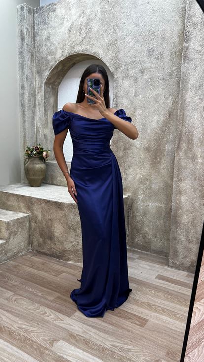 Lacivert Straplez Sırt Ve Omuz Detay Drapeli Abiye Elbise
