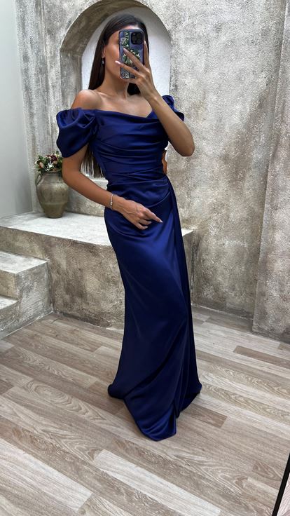 Lacivert Straplez Sırt Ve Omuz Detay Drapeli Abiye Elbise