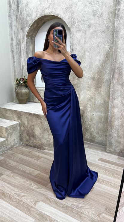 Lacivert Straplez Sırt Ve Omuz Detay Drapeli Abiye Elbise