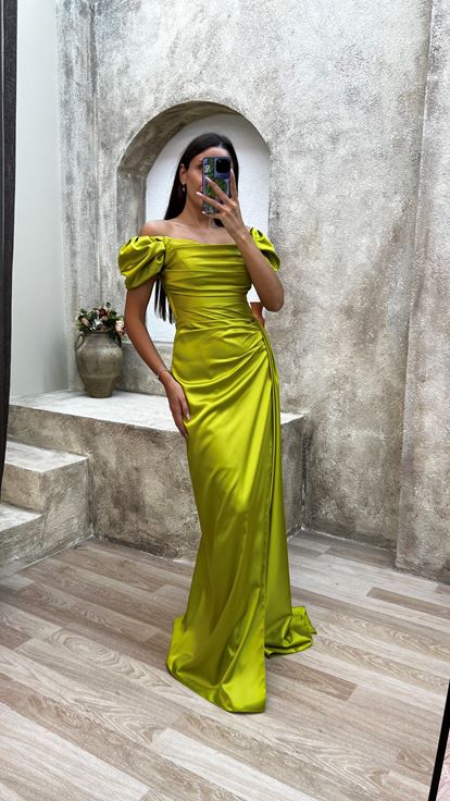 Yellow Strapless Back And Shoulder Detail Draped Design Evening Dress