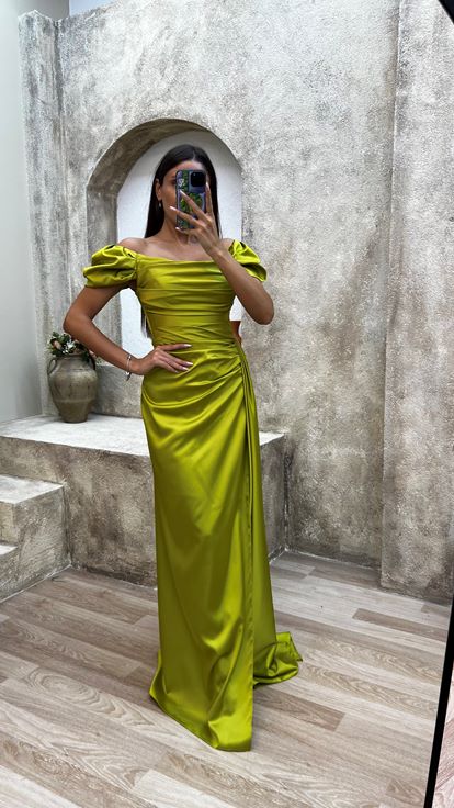Yellow Strapless Back And Shoulder Detail Draped Design Evening Dress