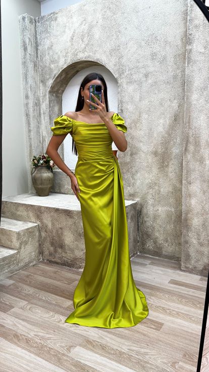 Yellow Strapless Back And Shoulder Detail Draped Design Evening Dress