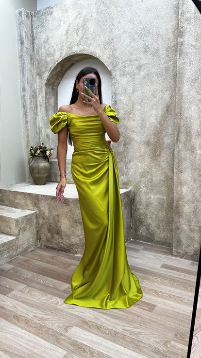 Yellow Strapless Back And Shoulder Detail Draped Design Evening Dress