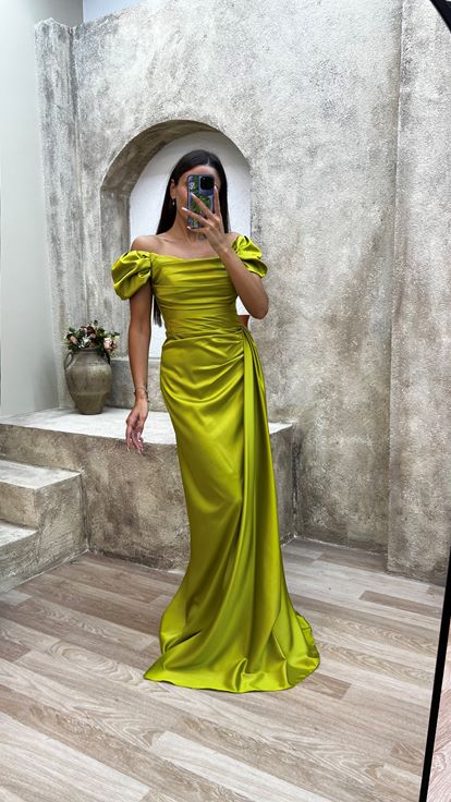 Yellow Strapless Back And Shoulder Detail Draped Design Evening Dress
