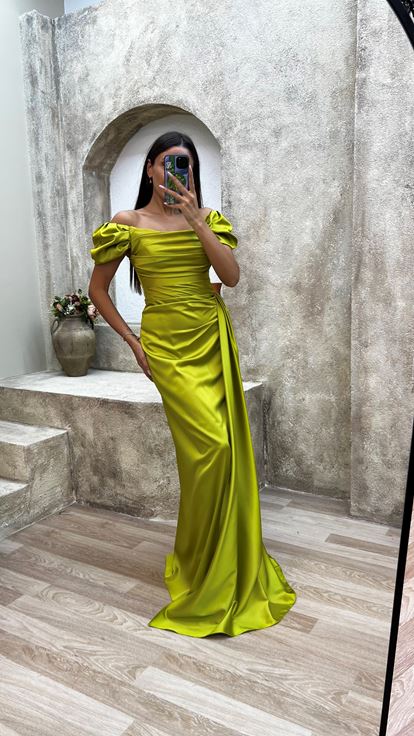 Yellow Strapless Back And Shoulder Detail Draped Design Evening Dress
