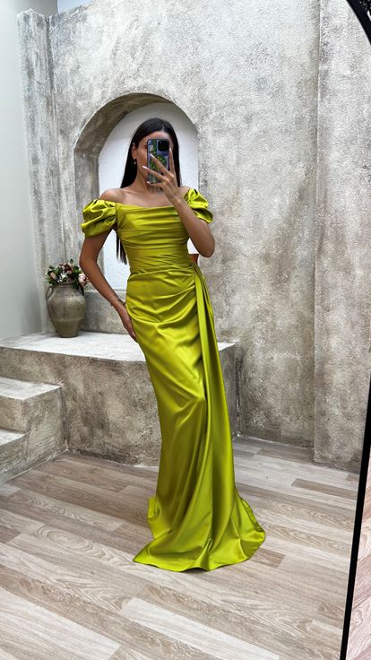 Yellow Strapless Back And Shoulder Detail Draped Design Evening Dress