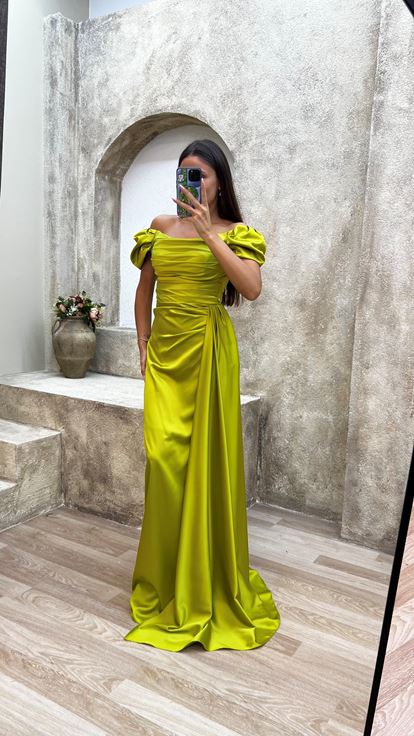 Yellow Strapless Back And Shoulder Detail Draped Design Evening Dress