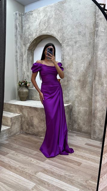 Fucsia senza spalline dietro e spalla dettaglio drappeggiato abito da sera drappeggiato