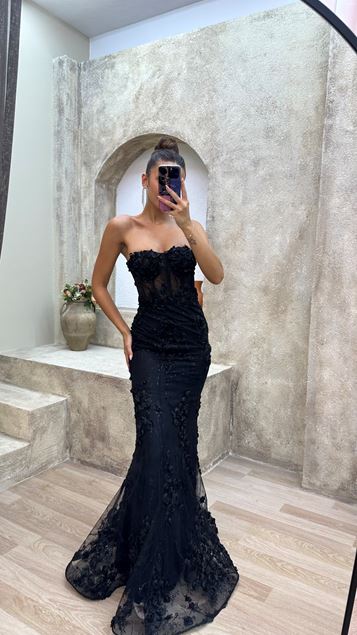 Black Strapless Transparent Evening Dress with Rose Detail