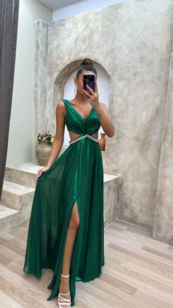 Emerald Green Back And Waist Detail Embroidered Design Evening Dress