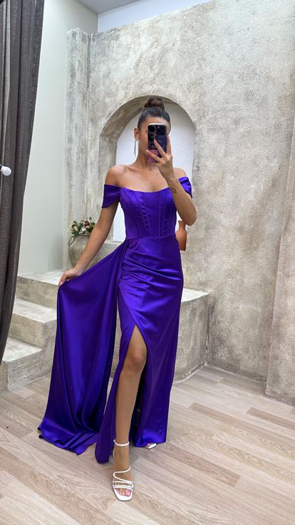 Purple Strapless Draped Sleeve Detail Design Evening Dress