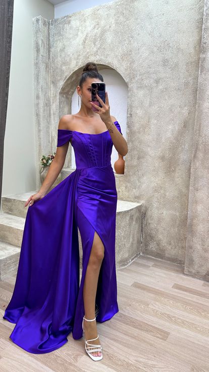 Purple Strapless Draped Sleeve Detail Design Evening Dress