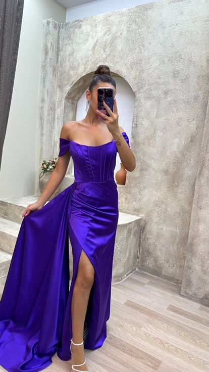 Purple Strapless Draped Sleeve Detail Design Evening Dress