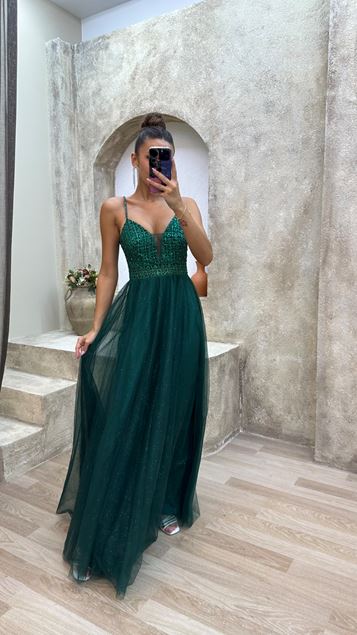 Emerald Rope Strap Petto Detail Abito da sera ricamato in tulle