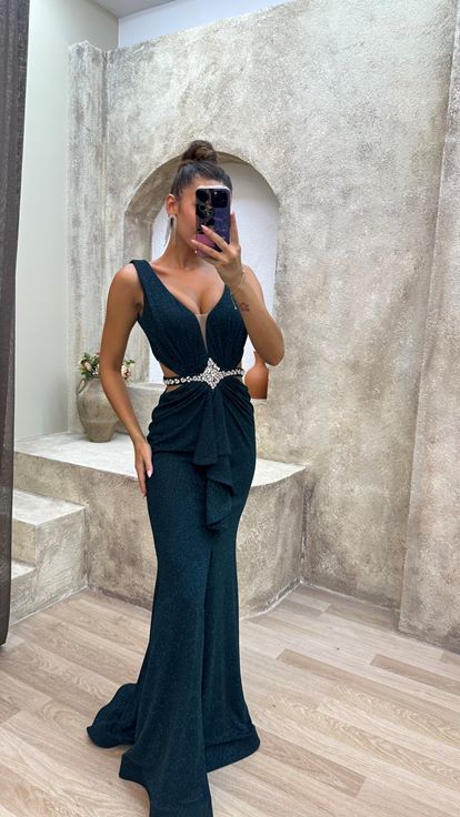 Emerald Green Back And Waist Detail Ruffle Embroidered Design Evening Dress