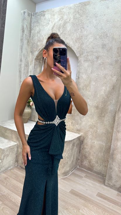 Emerald Green Back And Waist Detail Ruffle Embroidered Design Evening Dress