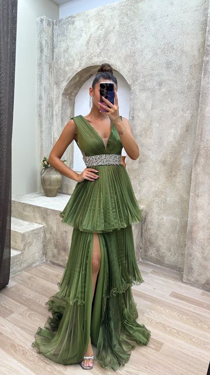 Khaki Back Detailed Waist Stone Embroidered Layered Evening Dress