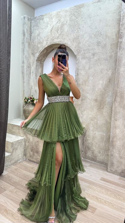 Khaki Back Detailed Waist Stone Embroidered Layered Evening Dress
