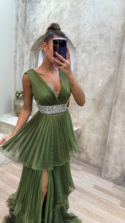 Khaki Back Detailed Waist Stone Embroidered Layered Evening Dress