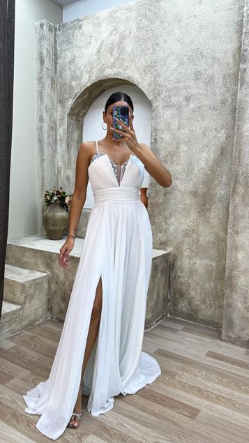 White Rope Strap Chest Stone Detail Design Tulle Evening Dress