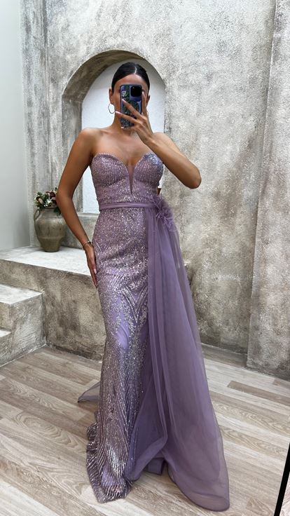 Lilac Strapless Embroidered Detail Feather Floral Design Evening Dress