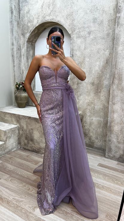 Lilac Strapless Embroidered Detail Feather Floral Design Evening Dress