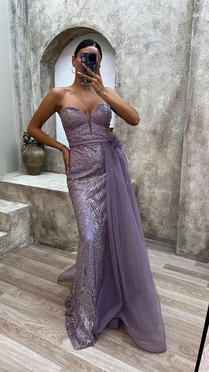Lilac Strapless Embroidered Detail Feather Floral Design Evening Dress