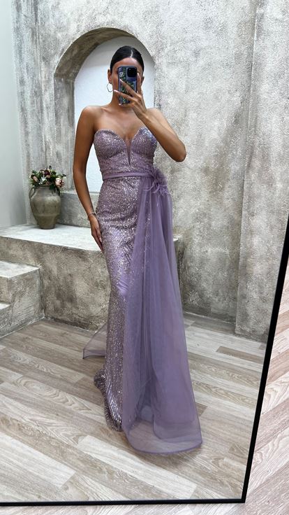 Lilac Strapless Embroidered Detail Feather Floral Design Evening Dress